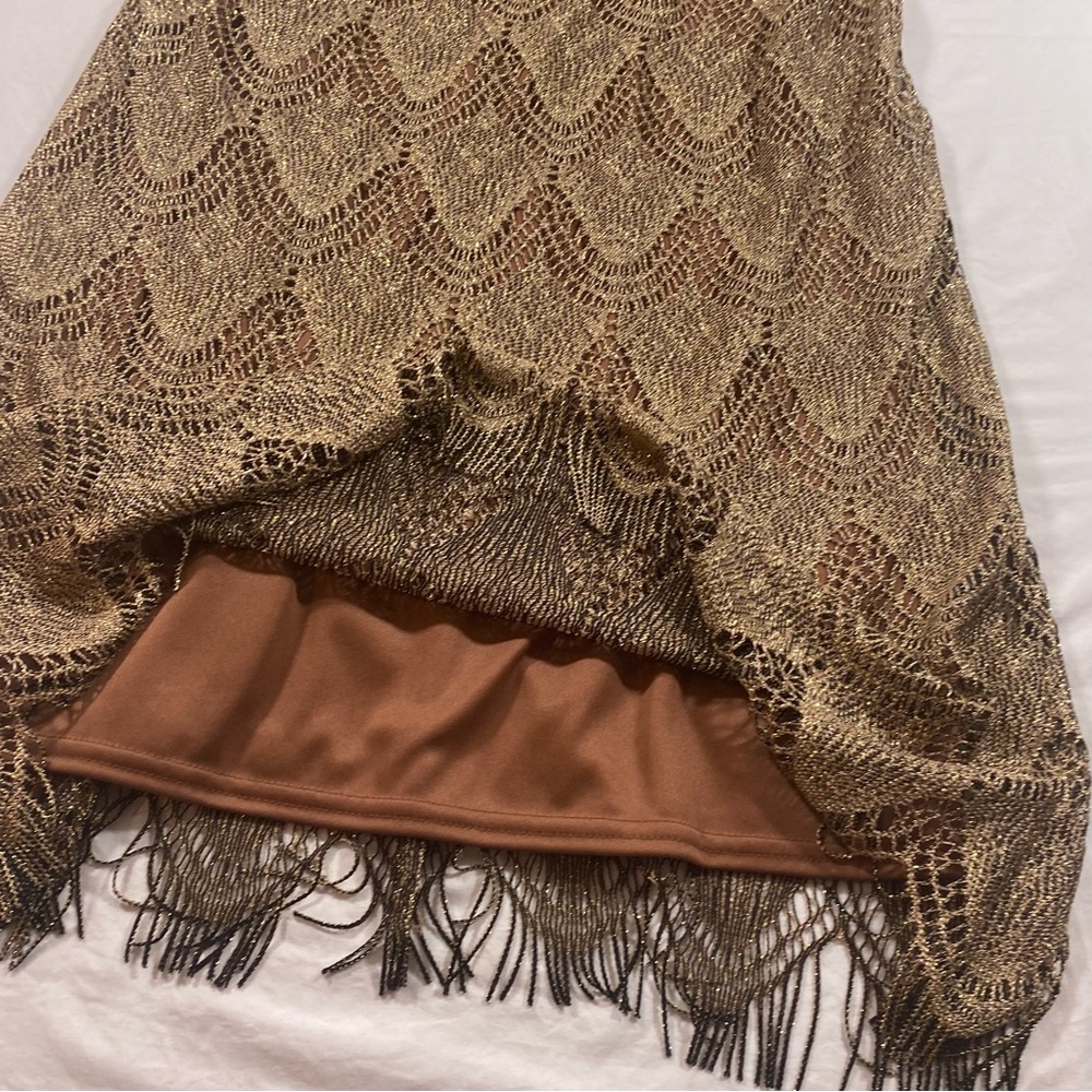 S L Fashions Vintage Mini Dress Boho Gold Sleeveless Fringe Dress Lace - Picture 7 of 8